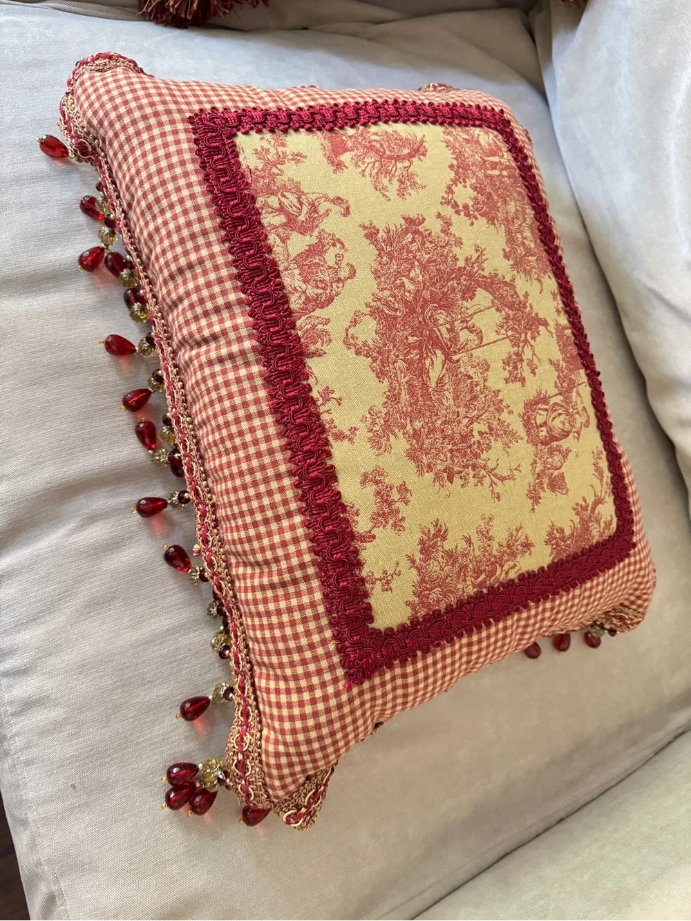 French Country Cottage Red Ivory English Toile Check Tassels Beaded Foam Pillow